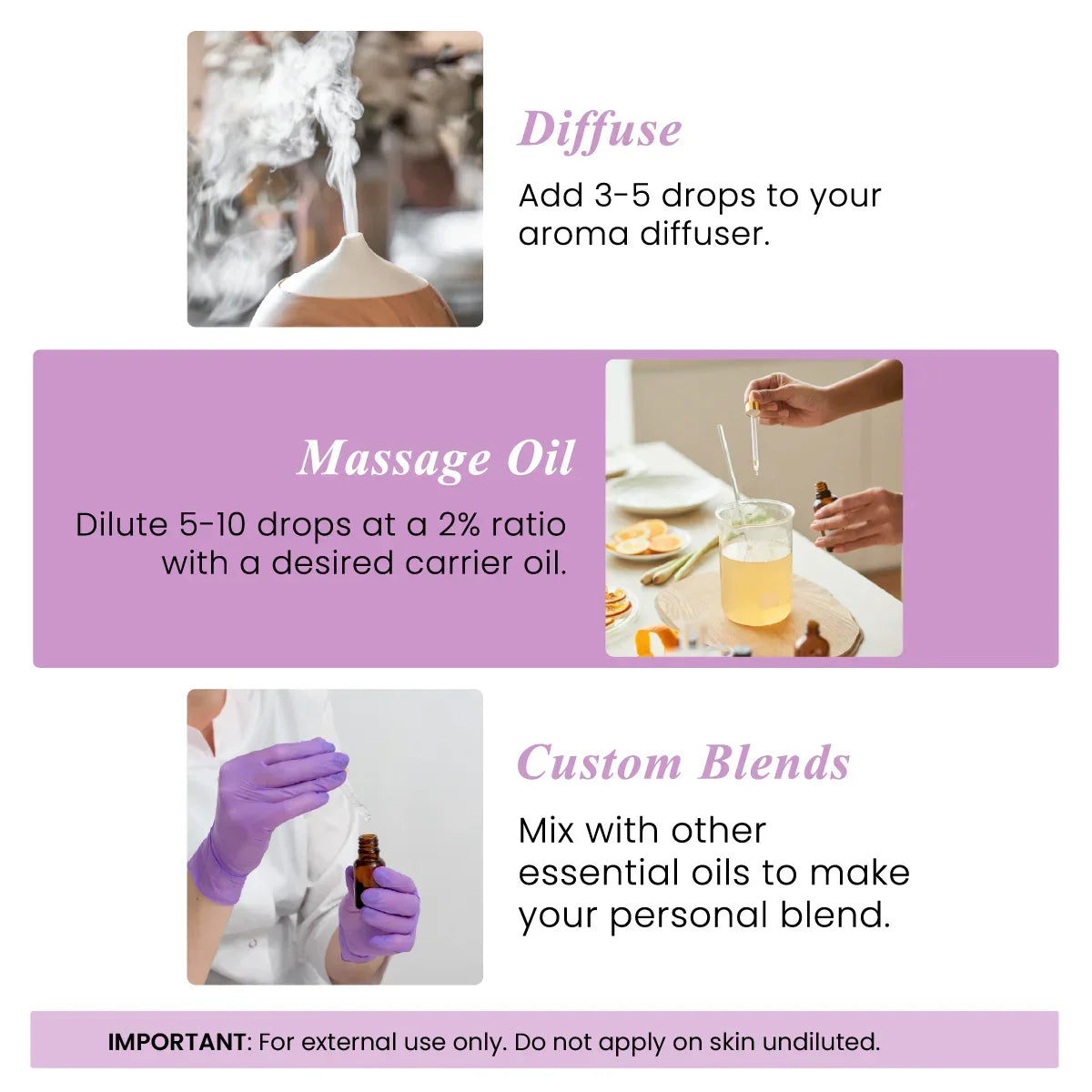 Three ways to use essential oils: diffusing, mixing massage oil, and creating custom blends.