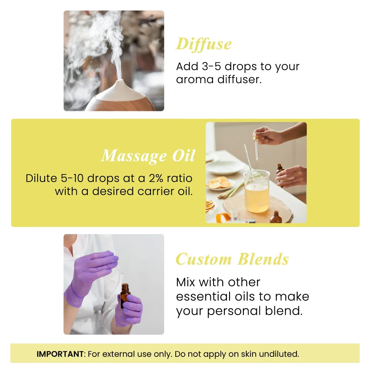 Instructions for using essential oils as diffuser, massage oil, or custom blends with safety tips.