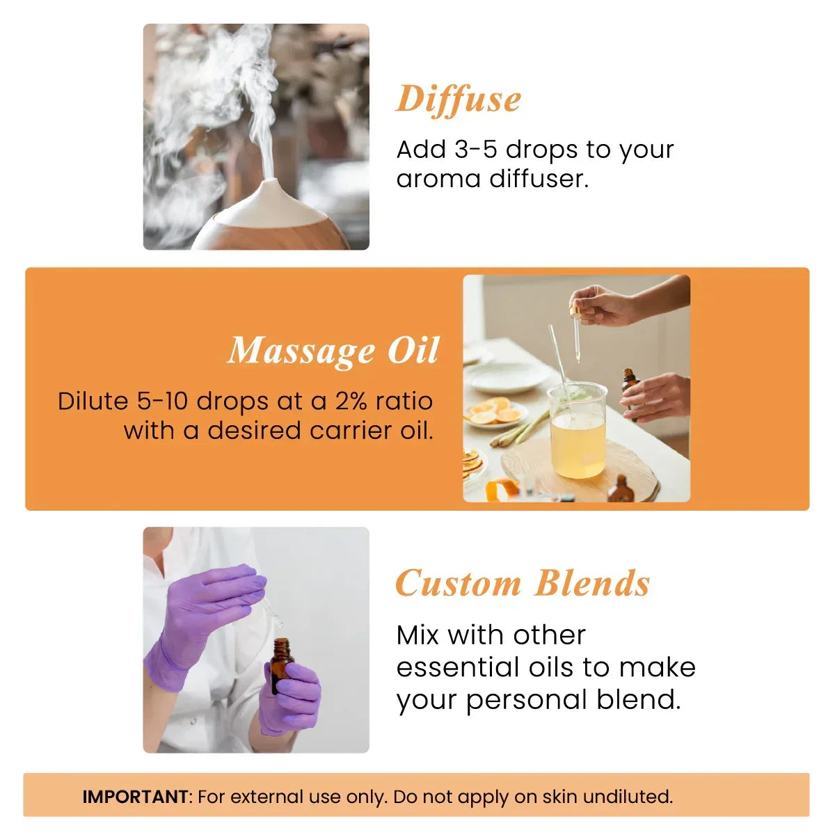How to use orange essential oil: diffuse, mix for massage oil, or create custom blends.