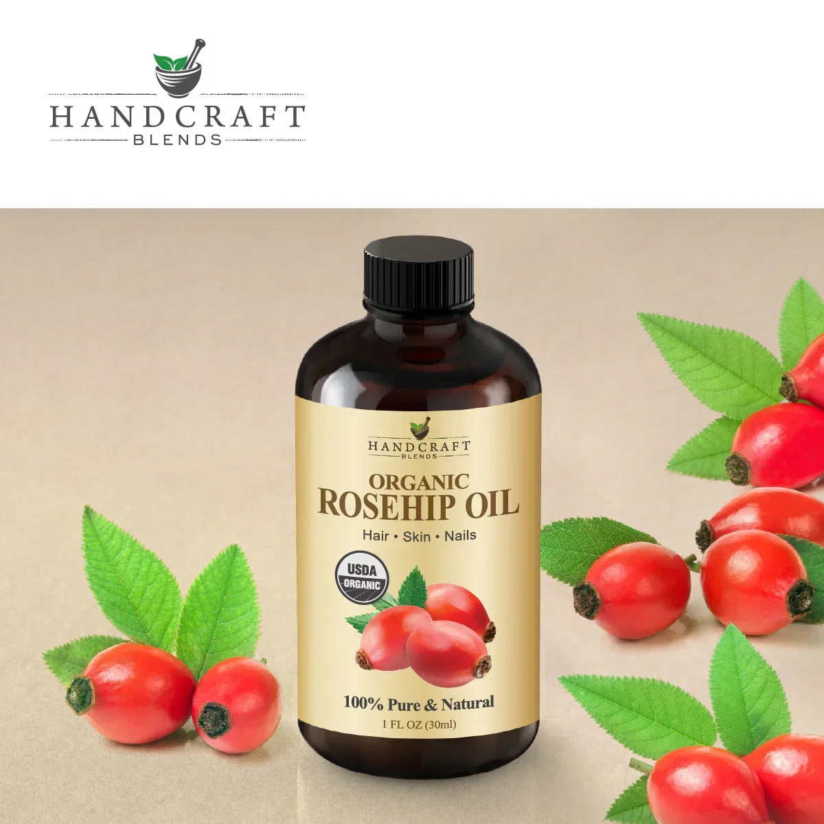 Organic rosehip oil bottle with rose hips and green leaves for hair, skin, nails