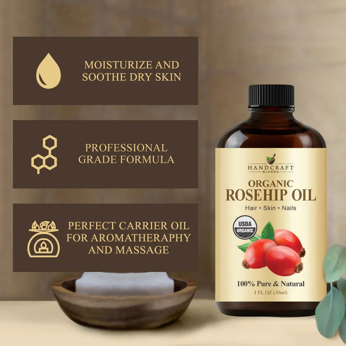 Amber bottle of organic rosehip oil with rosehip fruit, benefits for skin, hair, and nails shown.