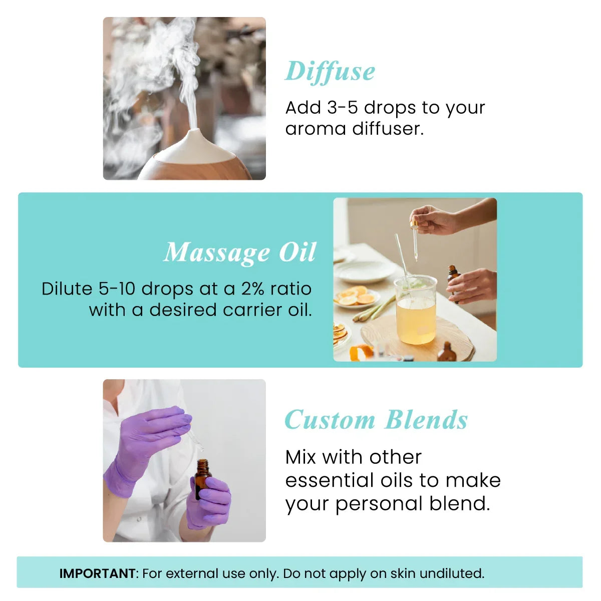 Essential oil usage guide showing diffuser, massage oil mixing, and custom blend instructions.