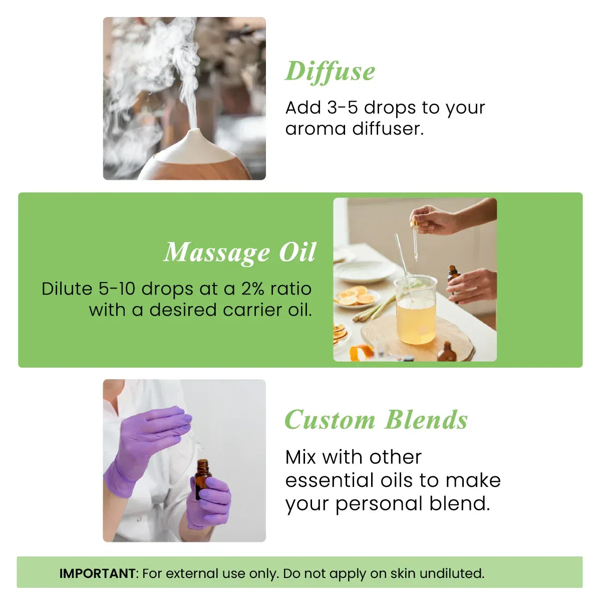 Instructions for using organic tea tree essential oil in diffusers, massage oil, or custom blends.