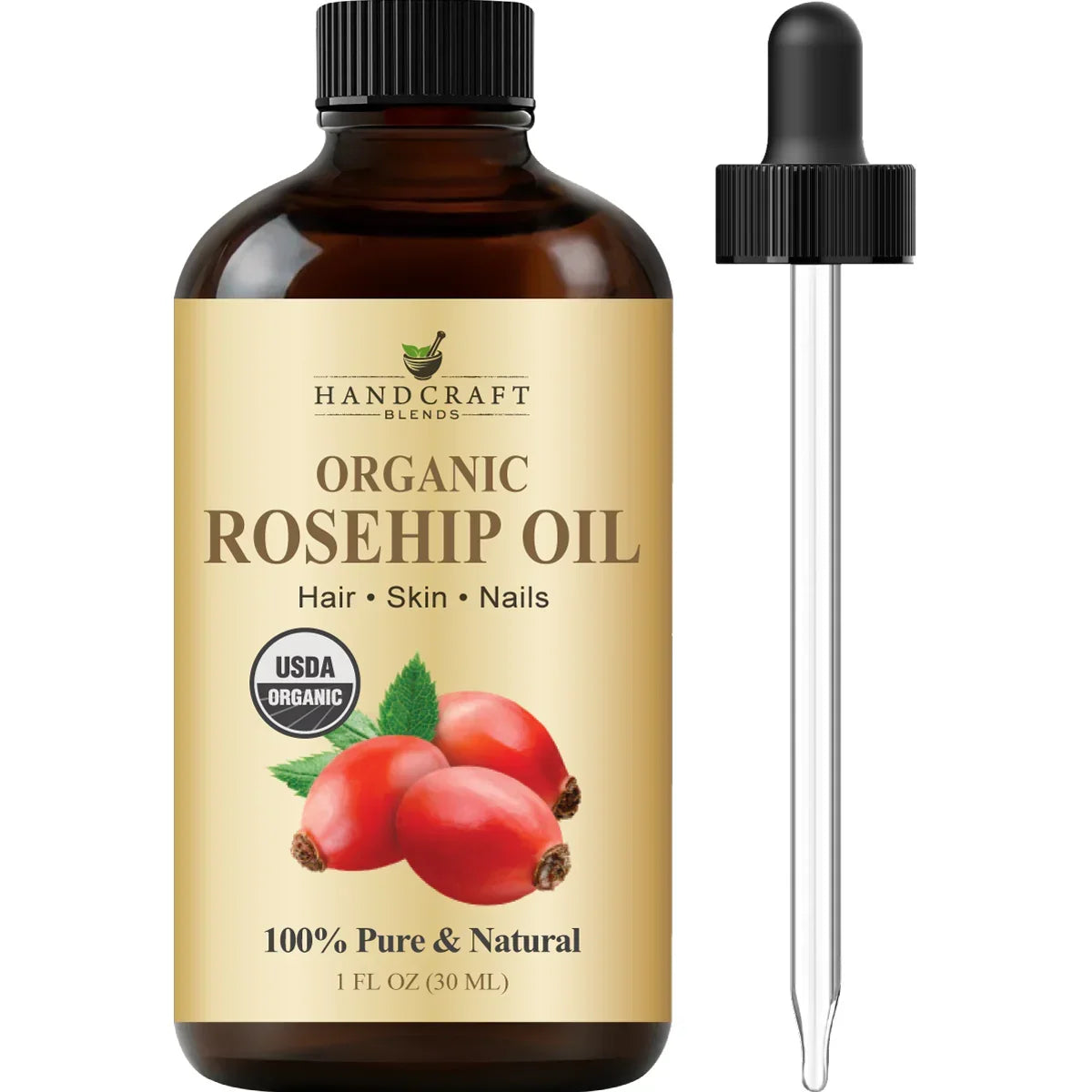 1oz glass bottle of organic rosehip oil with dropper for hair, skin, and nails care