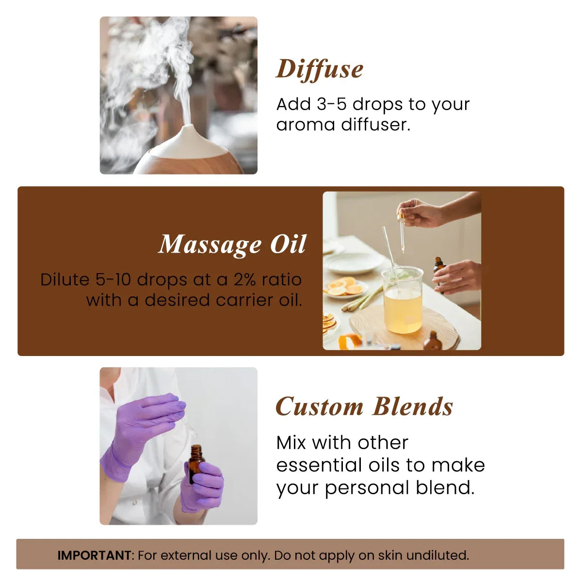 Instructions for using sandalwood essential oil as diffuser, massage oil, and custom blends.