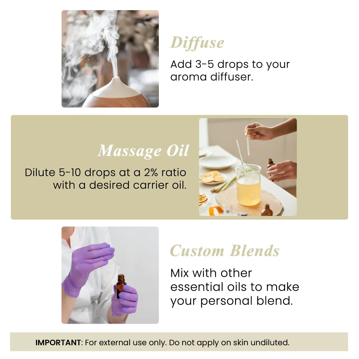 Essential oil usage guide showing aroma diffuser, massage oil mixing, custom blending instructions.