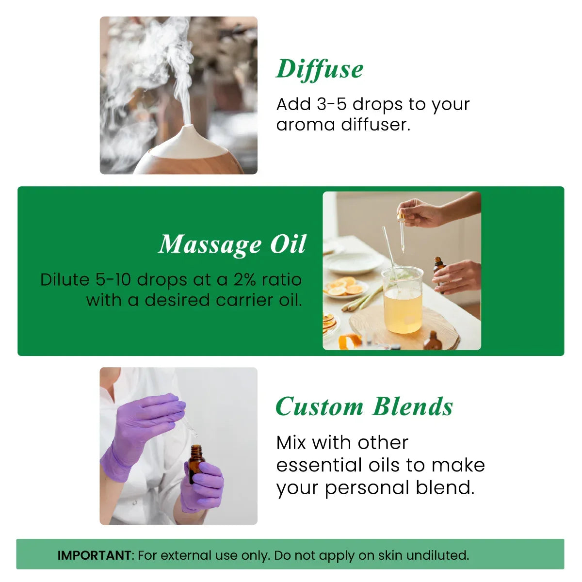 Cassia essential oil usage ideas including diffuser, massage oil with carrier oil, and custom blends