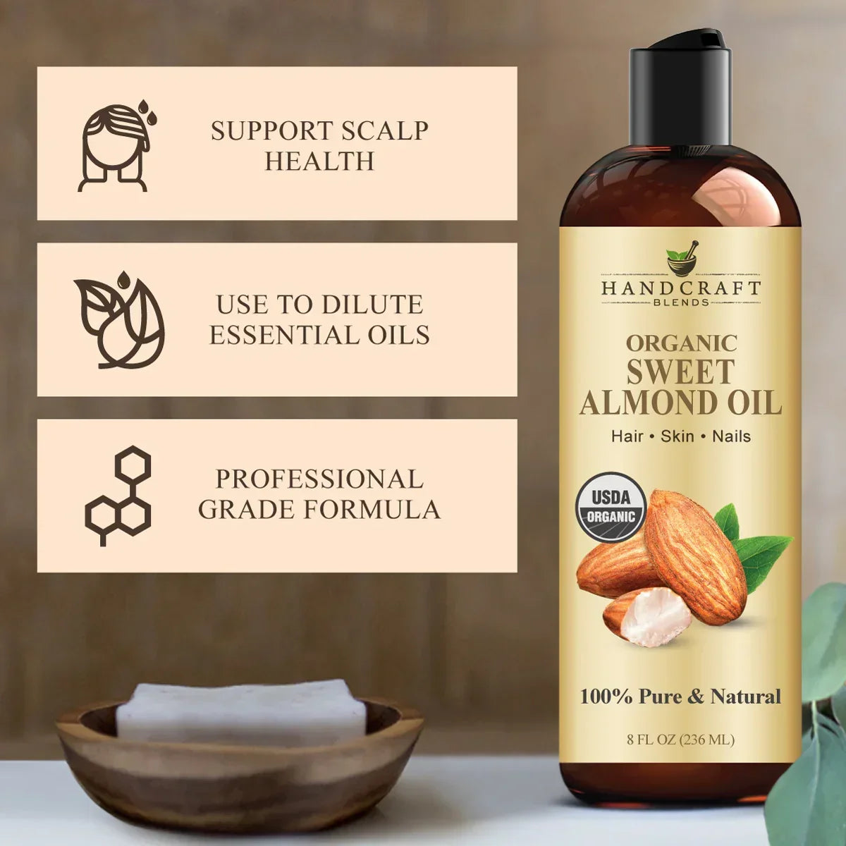 Organic sweet almond oil bottle for hair, skin, nails with dilution and scalp health claims