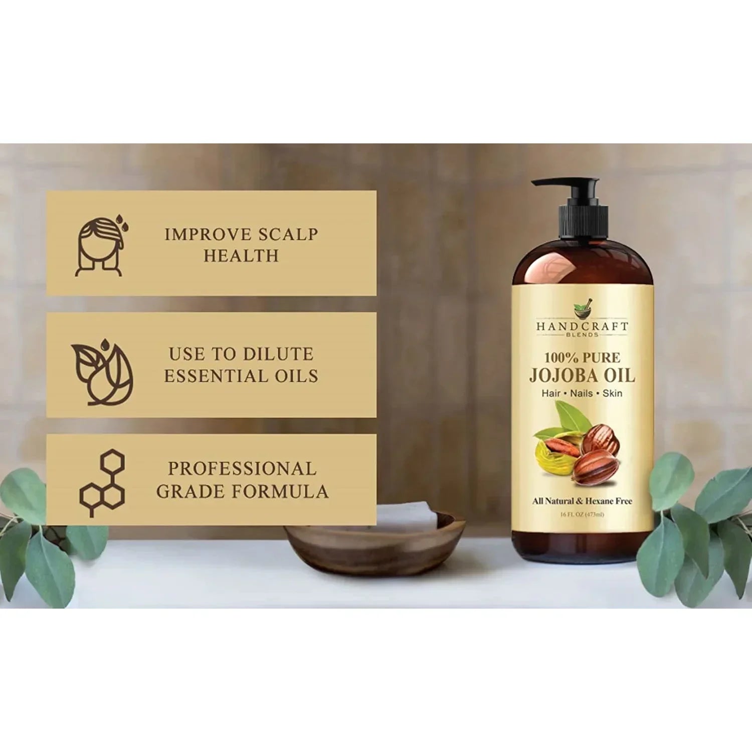 Bottle of 100% pure jojoba oil for hair, nails, skin with benefits for scalp and essential oils use