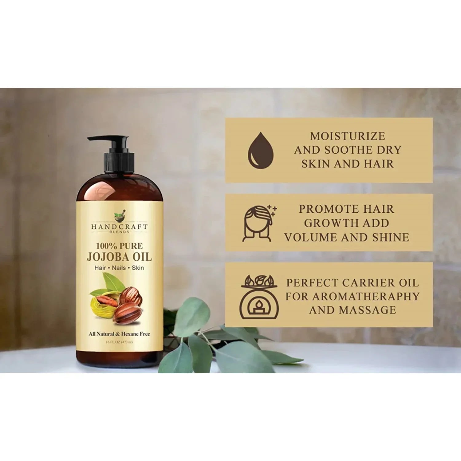 Handcraft Blends 100% pure jojoba oil bottle for hair, skin, nails, with blending benefits.