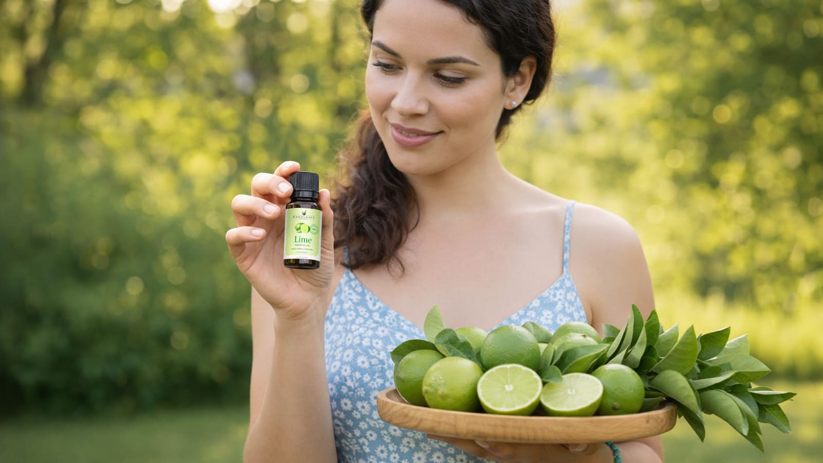 Woman holding lime essential oil bottle and bowl of fresh limes outdoors
