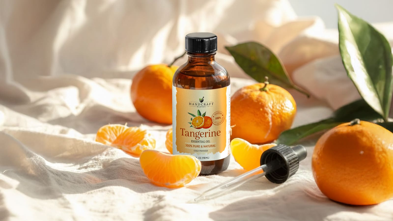 Tangerine essential oil bottle with fresh tangerines and dropper on soft fabric