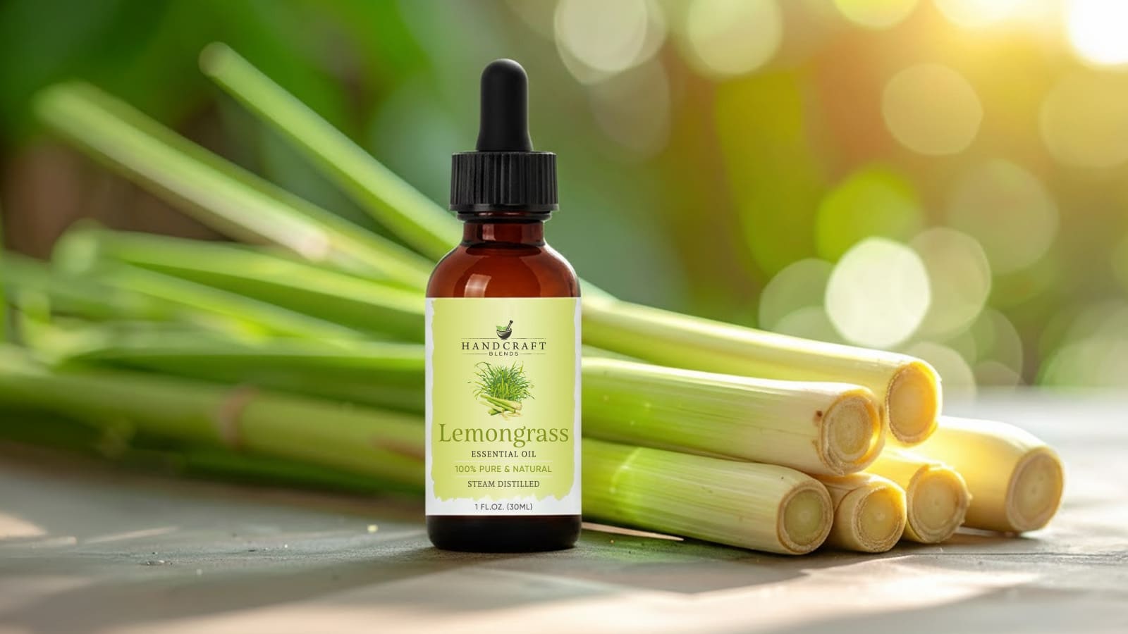 Lemongrass essential oil dropper bottle with fresh lemongrass stalks on a table