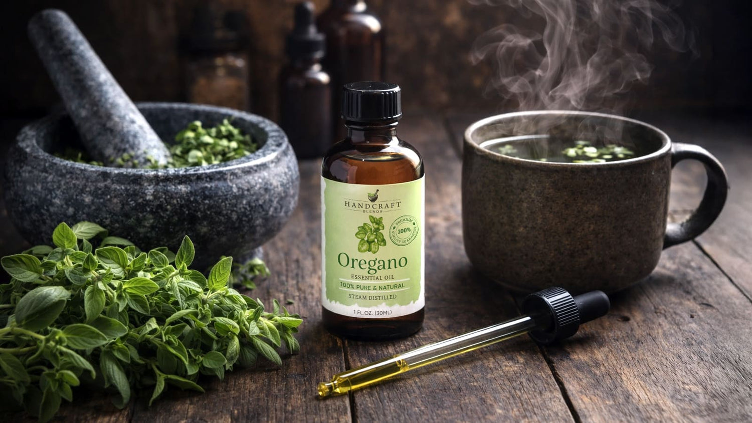 Oregano essential oil bottle with fresh oregano leaves, mortar and pestle, and herbal tea on rustic table