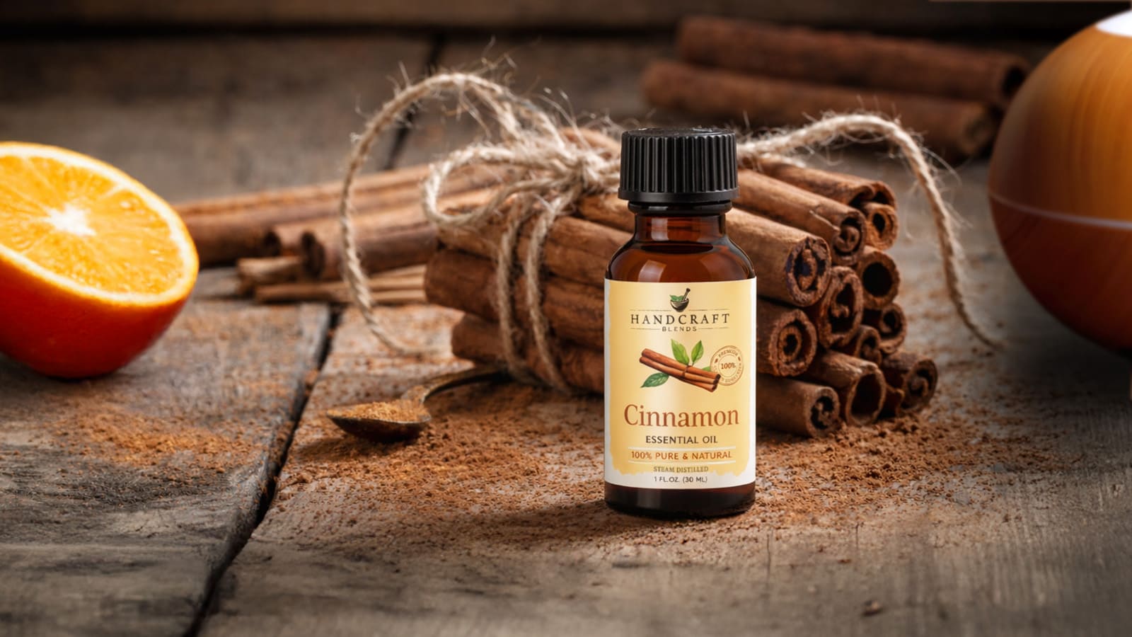 Cinnamon essential oil bottle with cinnamon sticks and orange on rustic wood