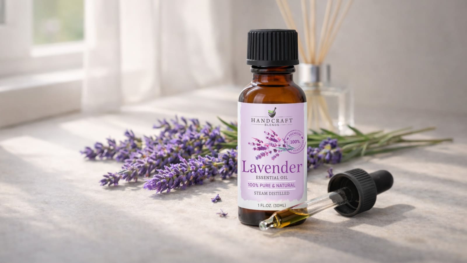 Lavender essential oil bottle with dropper, fresh lavender flowers, and diffuser on a light surface