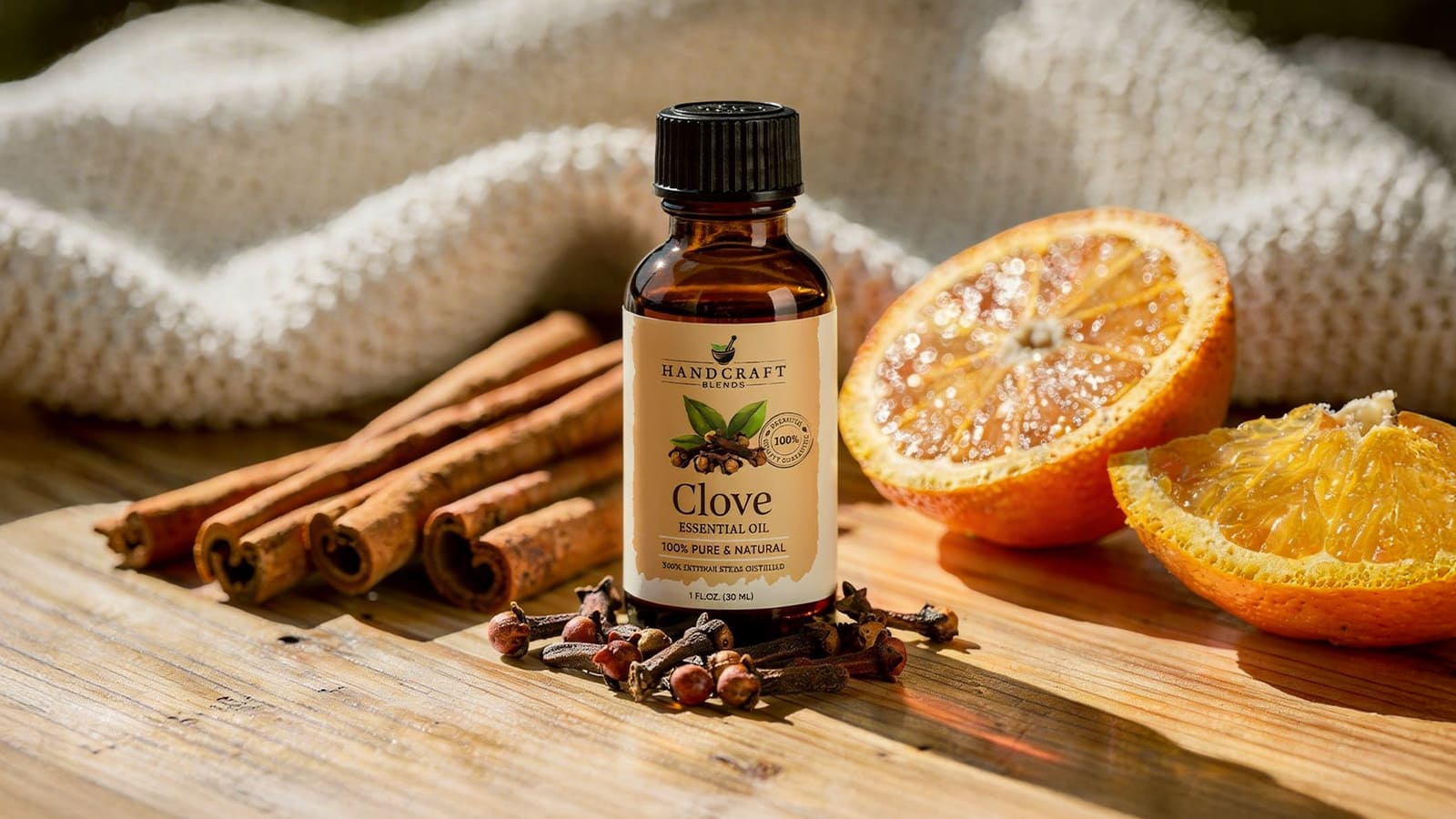 Clove essential oil bottle with whole cloves, cinnamon sticks, and sliced orange on wood table