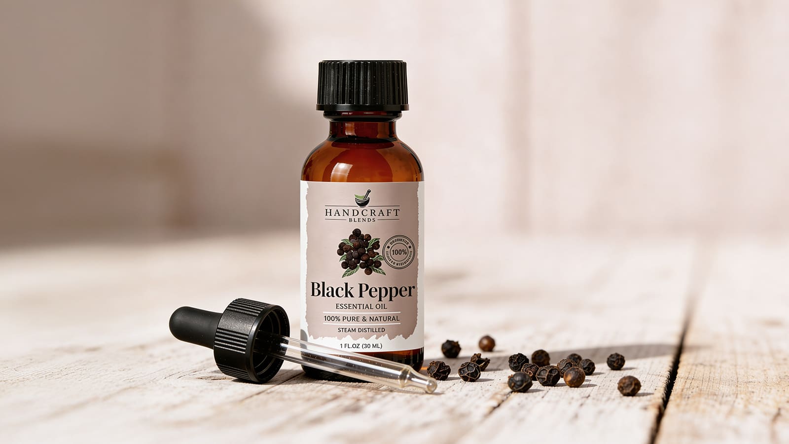 Black pepper essential oil bottle with dropper and peppercorns on rustic wooden surface