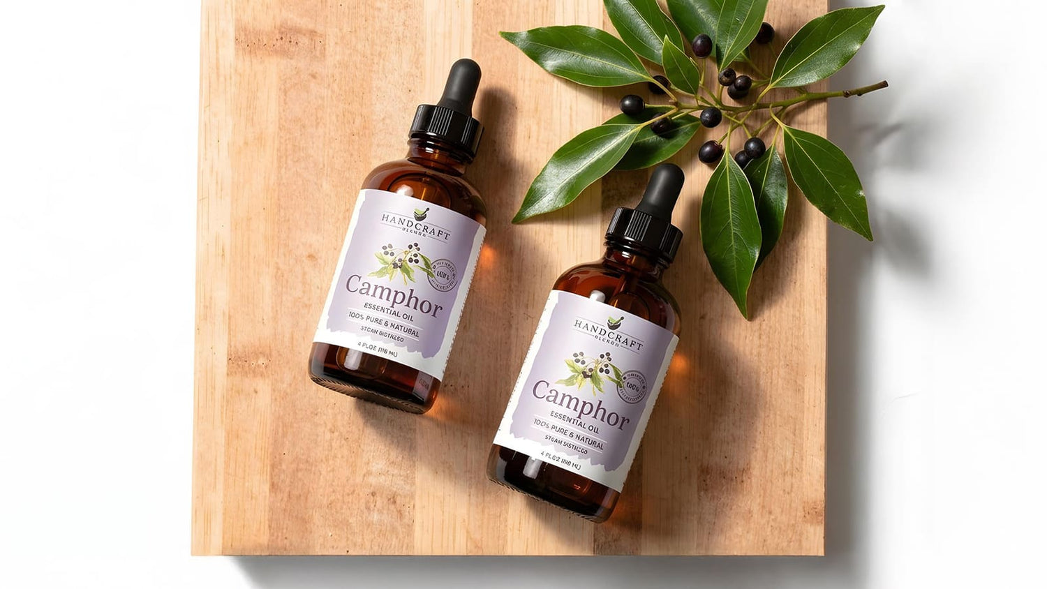 Camphor essential oil bottles with dropper caps and camphor leaves on wooden board