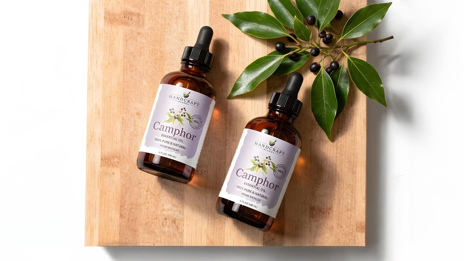 Camphor essential oil bottles with dropper caps and camphor leaves on wooden board