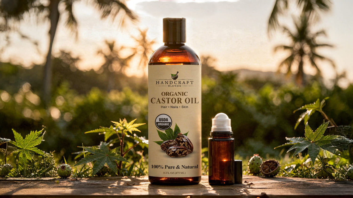 Organic castor oil bottle and roller with natural plants outdoors at sunset