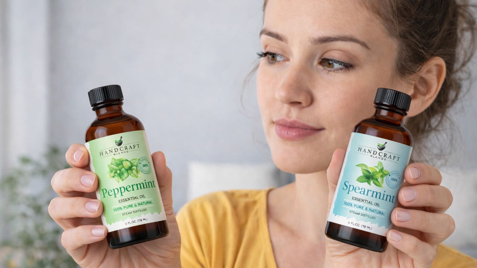 Woman holding bottles of peppermint and spearmint essential oils