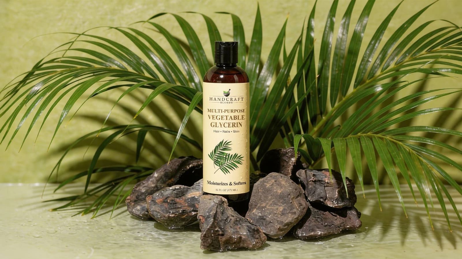 Vegetable glycerin bottle for hair, nails, skin, with tropical leaves and stones