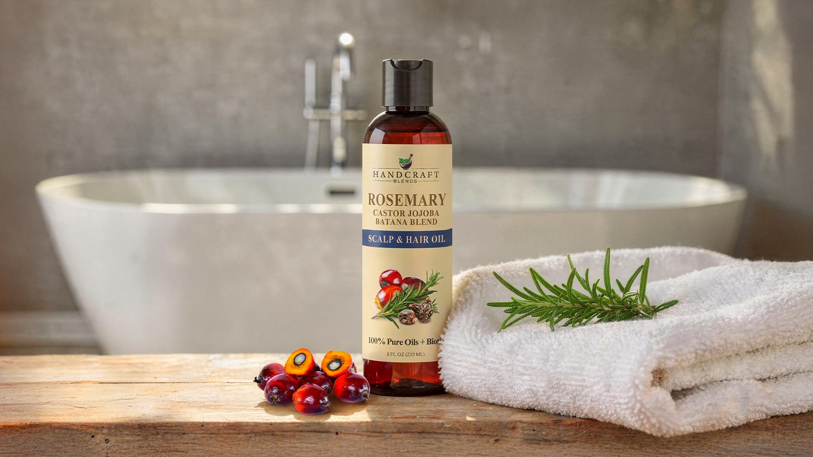 Rosemary scalp and hair oil bottle with castor, jojoba, batana, biotin, beside towel and rosemary sprig