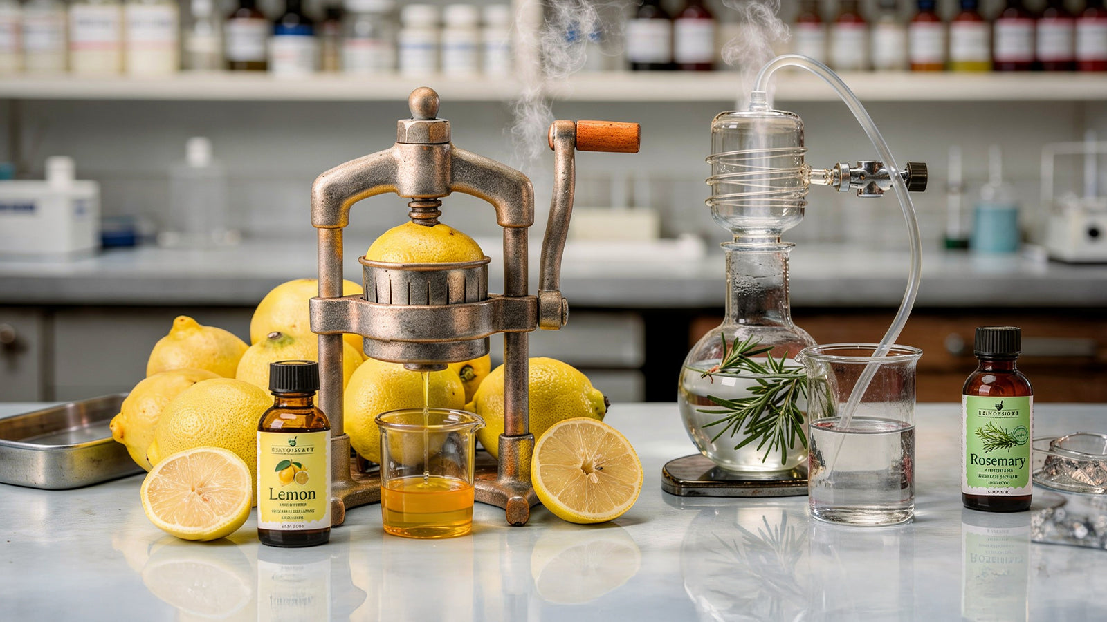 Lemon essential oil cold-pressed with citrus juicer beside steam-distilled rosemary setup
