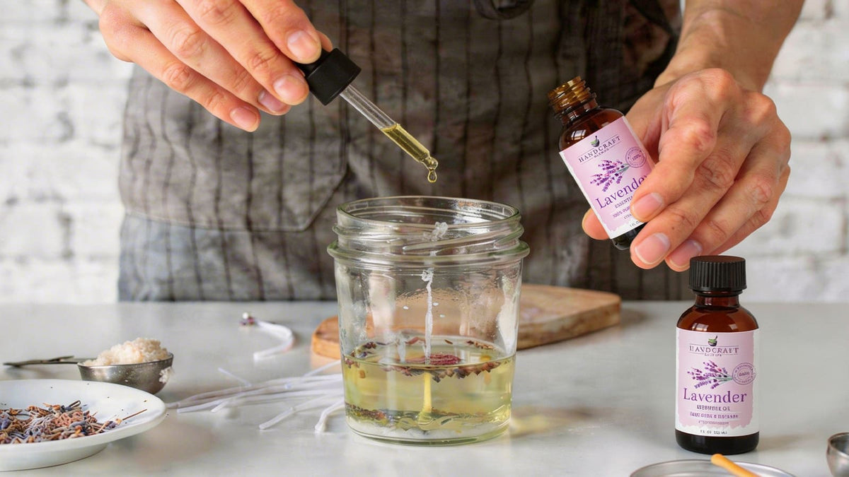 Hand-poured soy candles in amber jars beside essential oil bottles, cinnamon sticks, and eucalyptus leaves on a work table