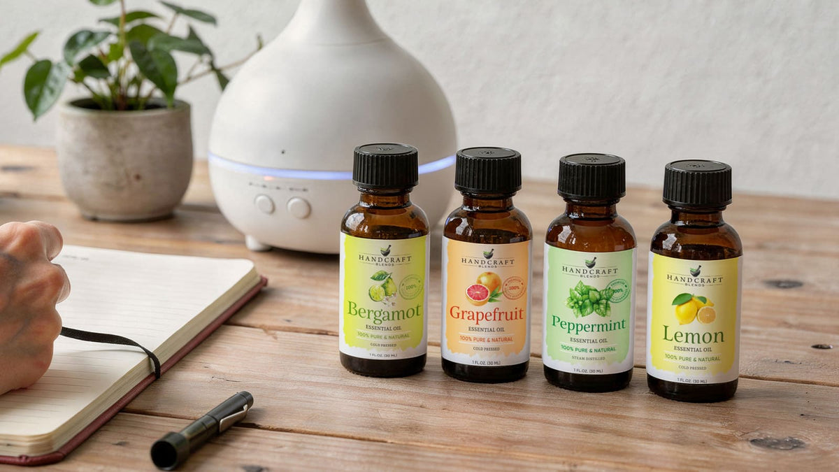 Tidy wooden desk with a small diffuser, notebook, plant, and bottles of lemon and peppermint oil