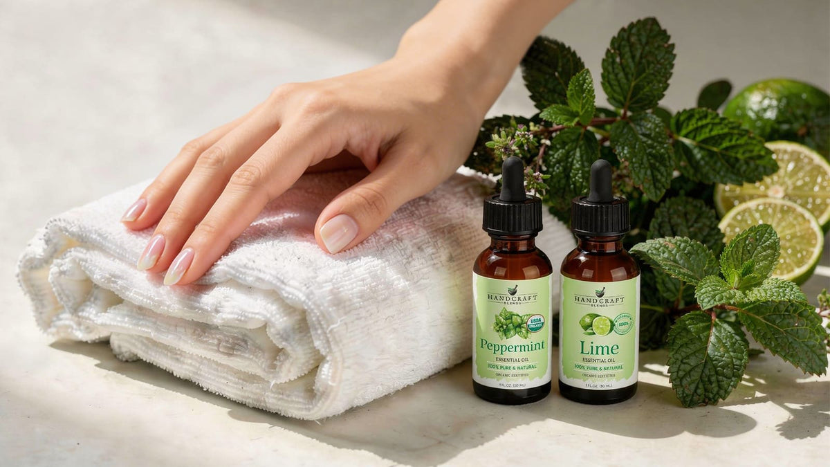 Eucalyptus and peppermint essential oil bottles next to a rolled gym towel