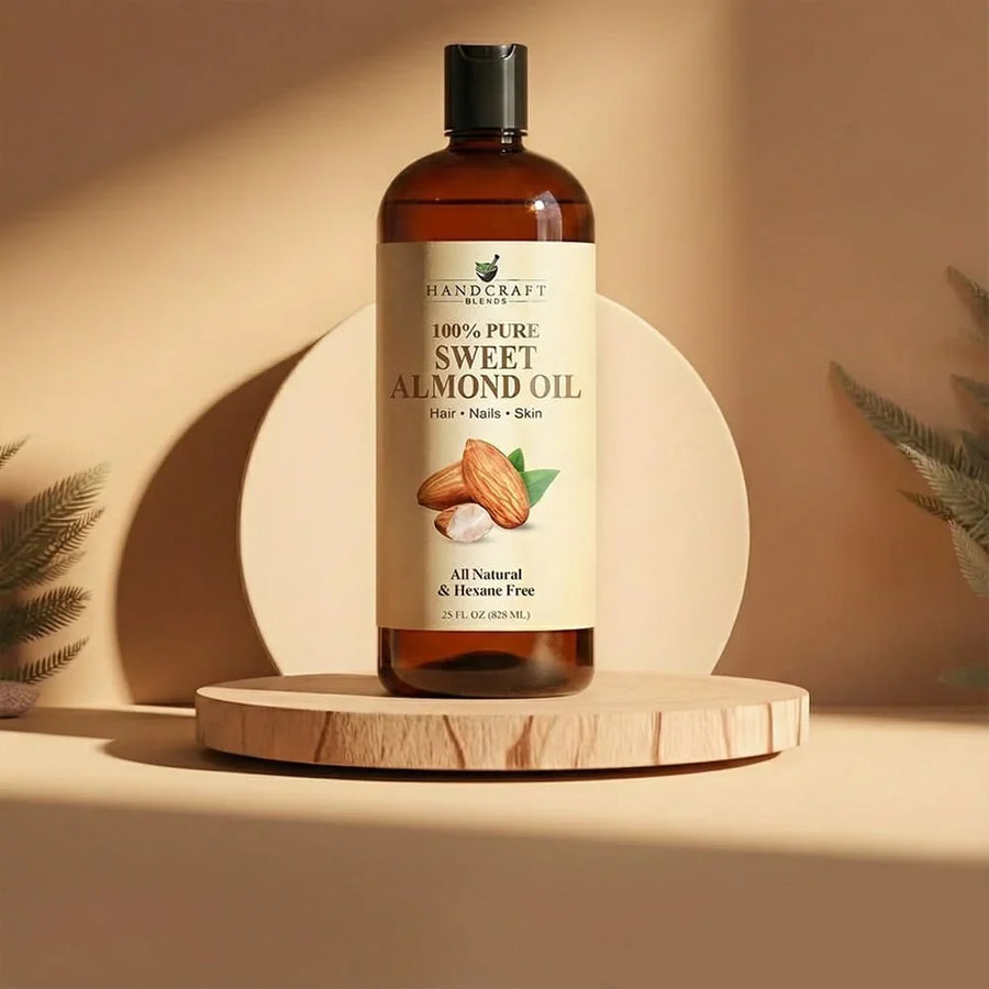 Handcraft Blends sweet almond oil bottle on wooden display, essential oils for skin and hair
