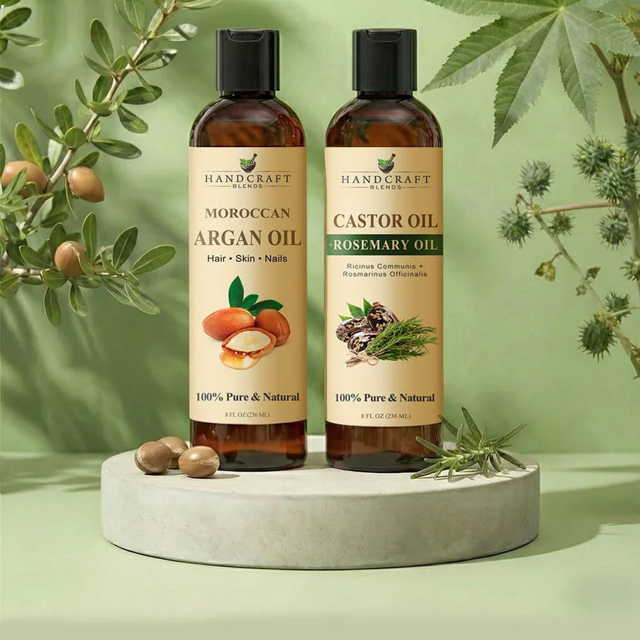 Handcraft Blends Moroccan argan oil and castor rosemary oil bottles with natural plant elements