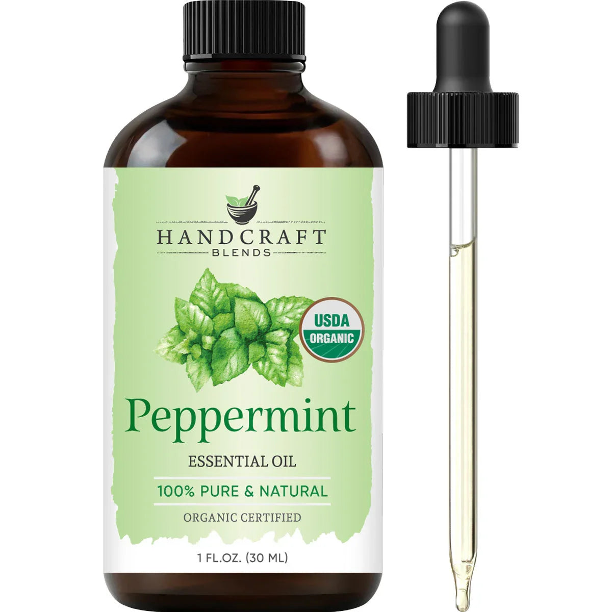 Handcraft Blends organic peppermint essential oil bottle with dropper, 1 oz, USDA certified