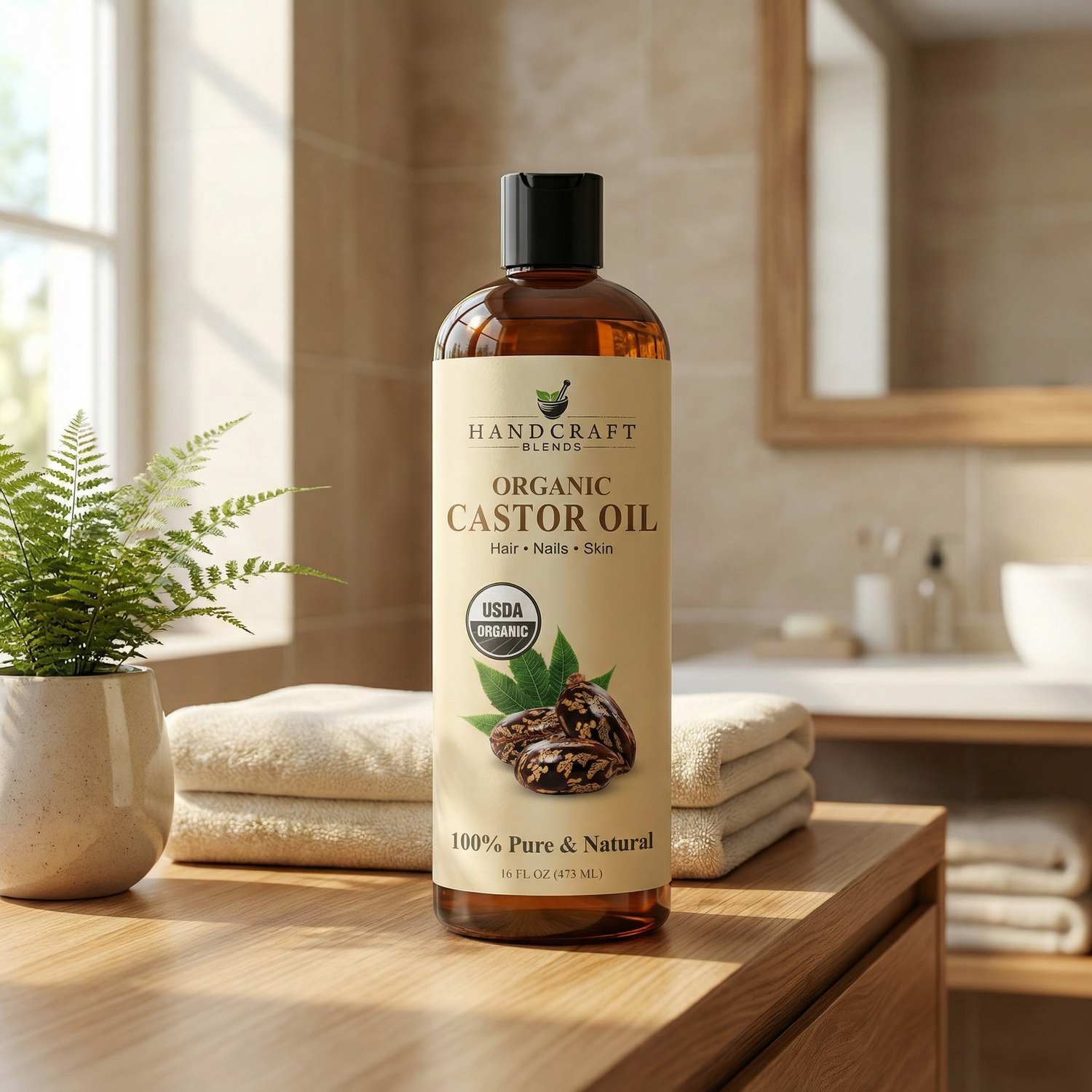 Organic castor oil bottle for hair, nails, and skin on a bathroom counter with towels.