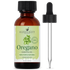 Amber glass bottle of oregano essential oil with dropper, labeled 100% pure and natural.