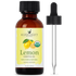 Lemon essential oil bottle with dropper, organic label, and lemon fruit illustration