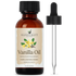 Amber bottle labeled Vanilla Oil with vanilla flowers and dropper for aromatherapy