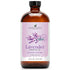 16 oz amber glass bottle of lavender essential oil with floral label and black cap