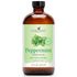 16 oz amber glass bottle of peppermint essential oil with green label and mint leaf illustration