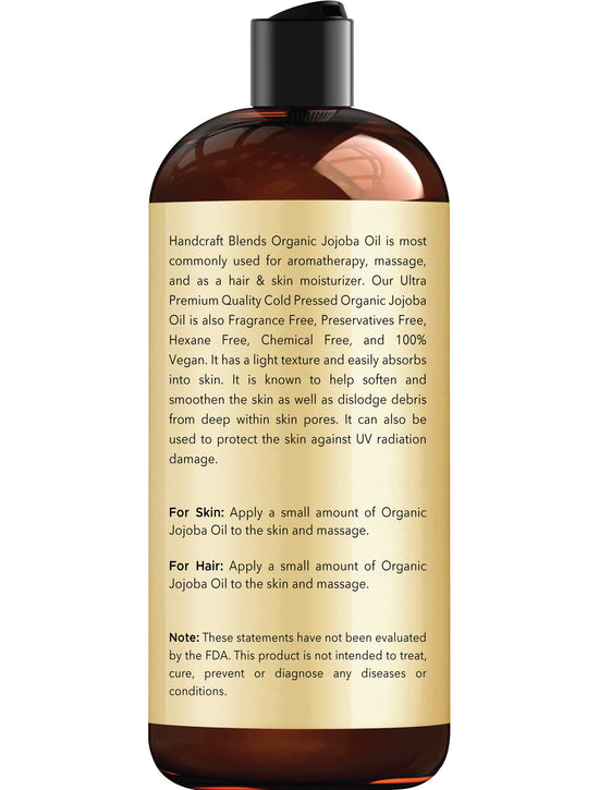 Handcraft Blends USDA Organic Jojoba Oil | Cold-Pressed | 16 Fl Oz | 100% Pure & Natural | for Hair, Skin & Face | Premium Grade Carrier Oil | for Massage & Aromatherapy | Hexane-Free