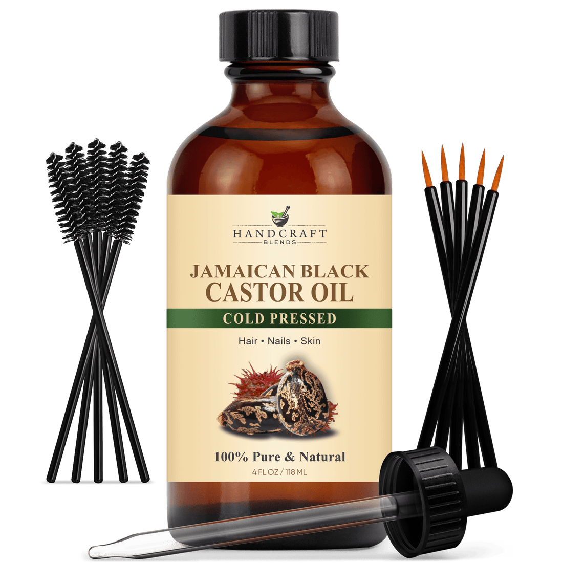 Jamaican Black Castor Carrier Oil in Glass Bottle with Lash Brushes