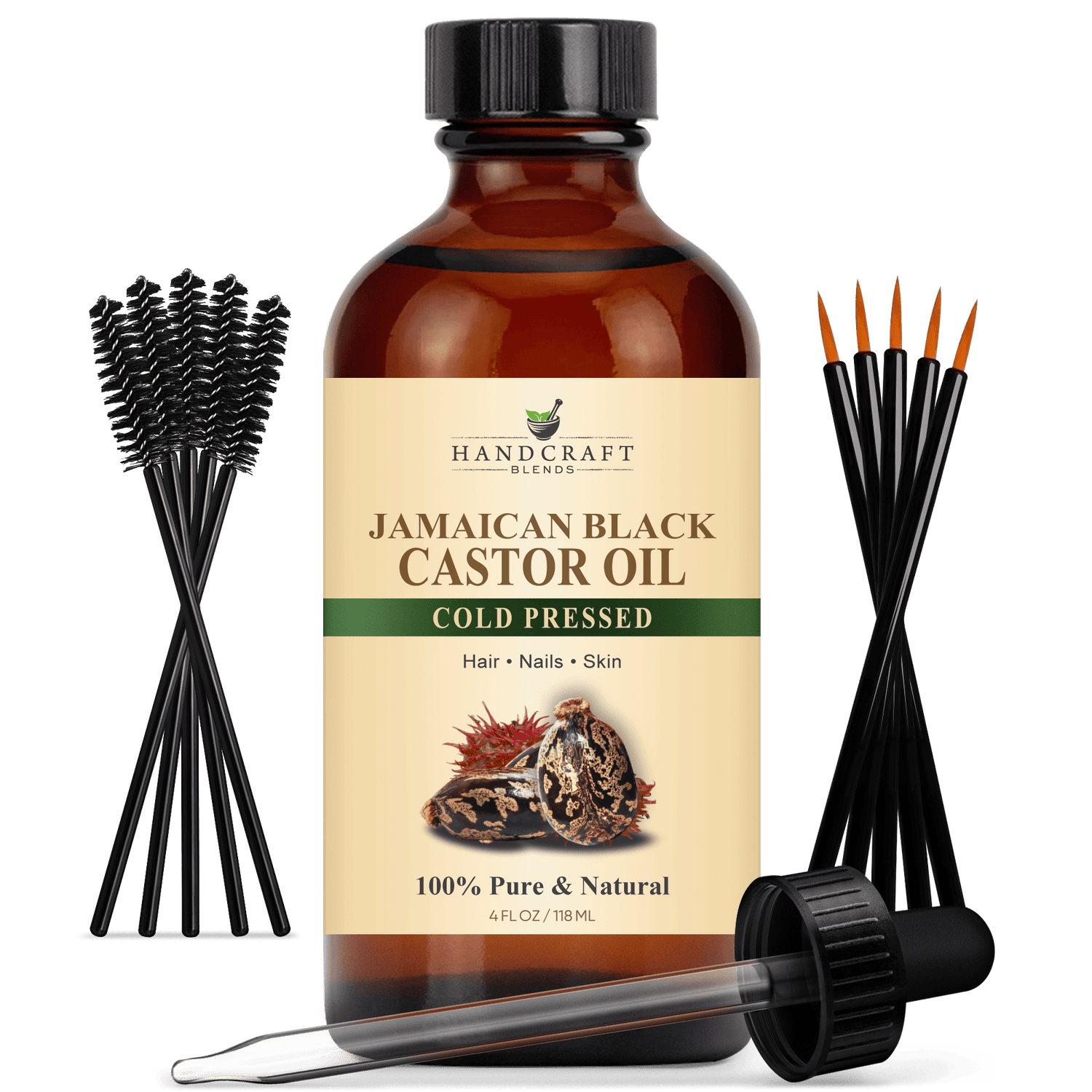 Jamaican Black Castor Carrier Oil in Glass Bottle with Lash Brushes