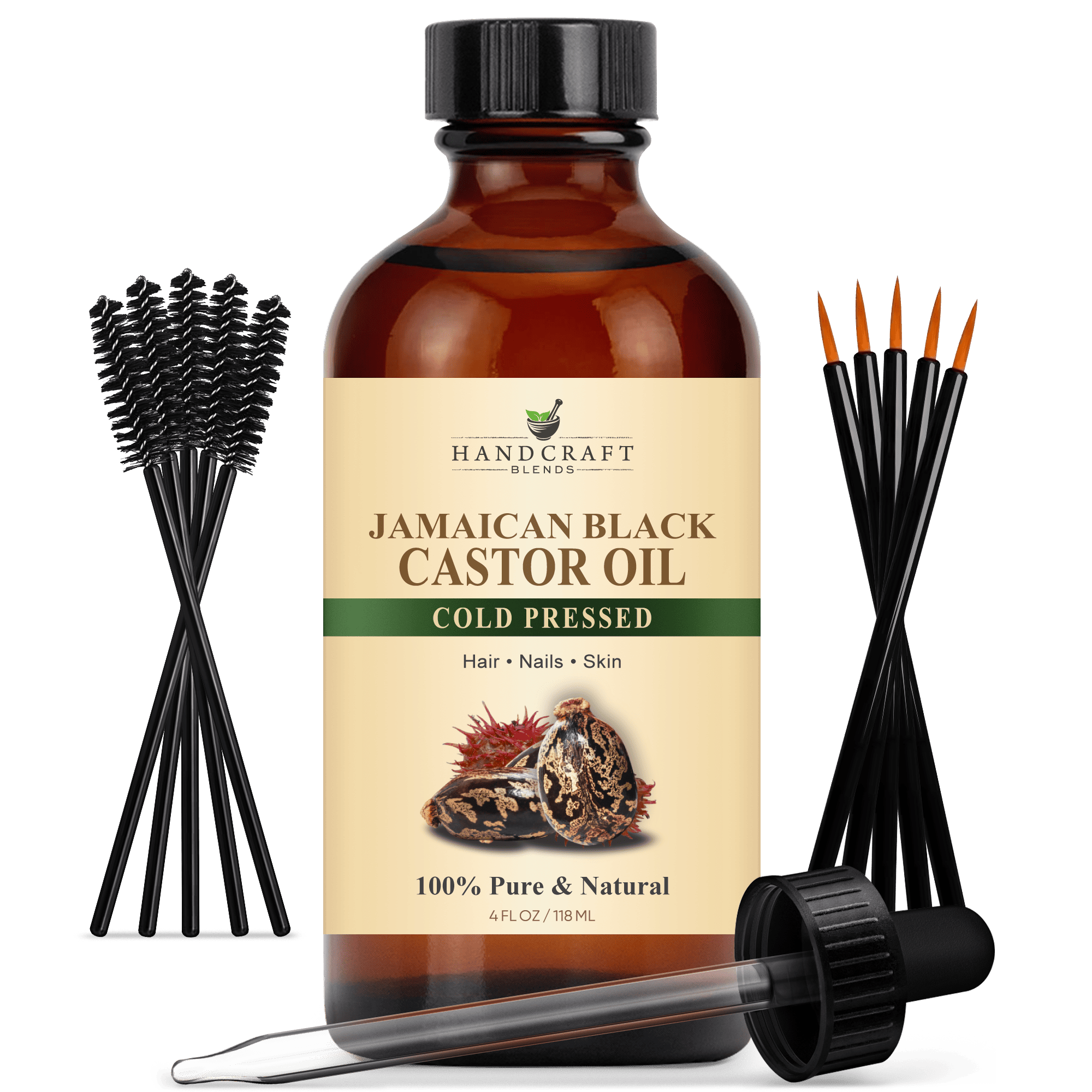 Jamaican Black Castor Carrier Oil in Glass Bottle with Lash Brushes
