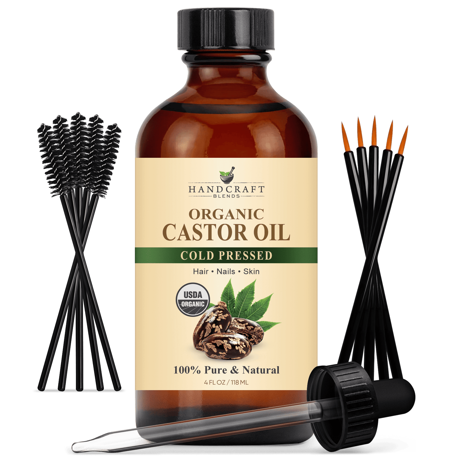 Organic Castor Carrier Oil in Glass Bottle with Lash Brushes