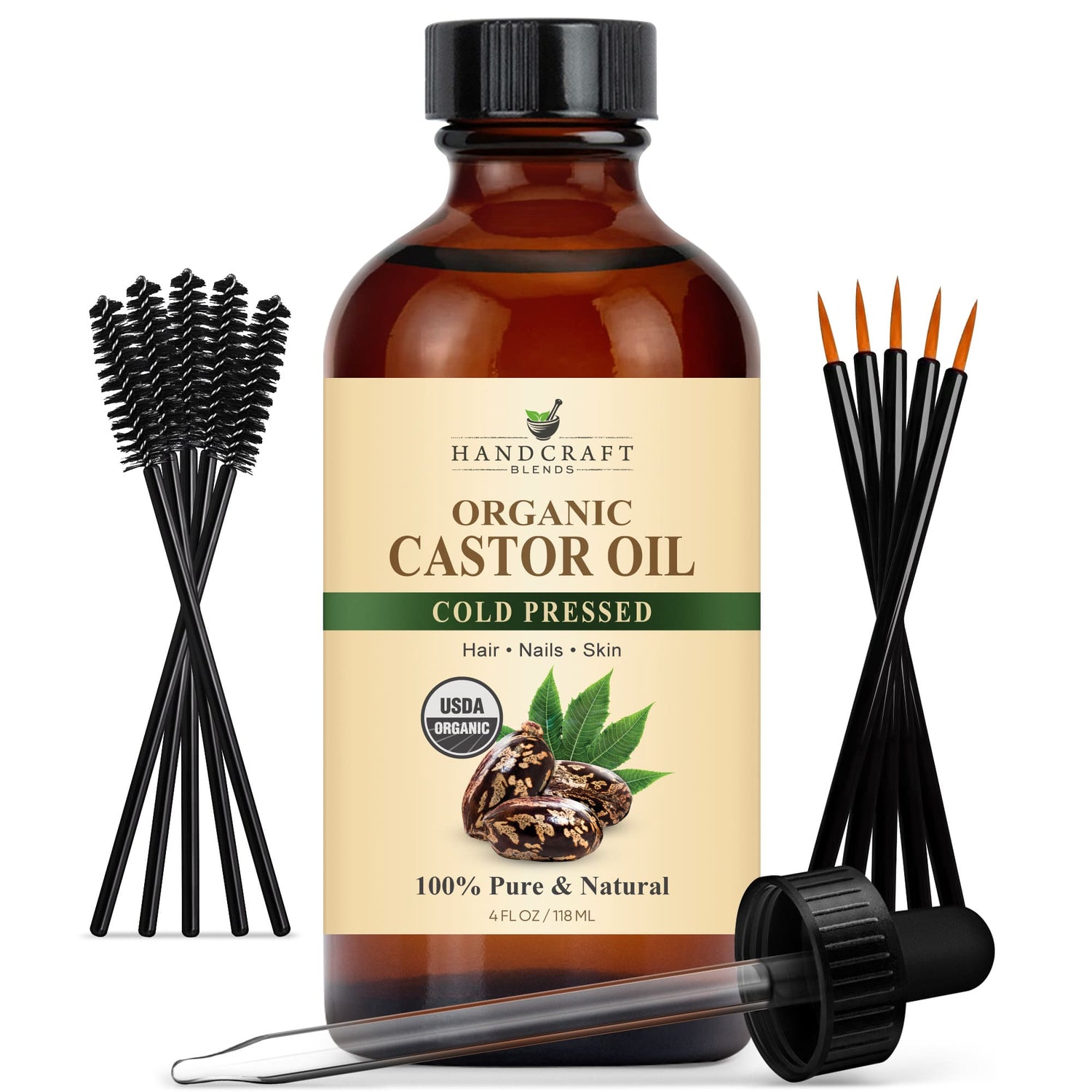Organic Castor Carrier Oil in Glass Bottle with Lash Brushes