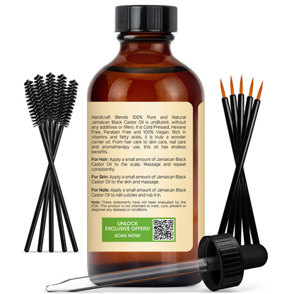 Jamaican Black Castor Carrier Oil in Glass Bottle with Lash Brushes