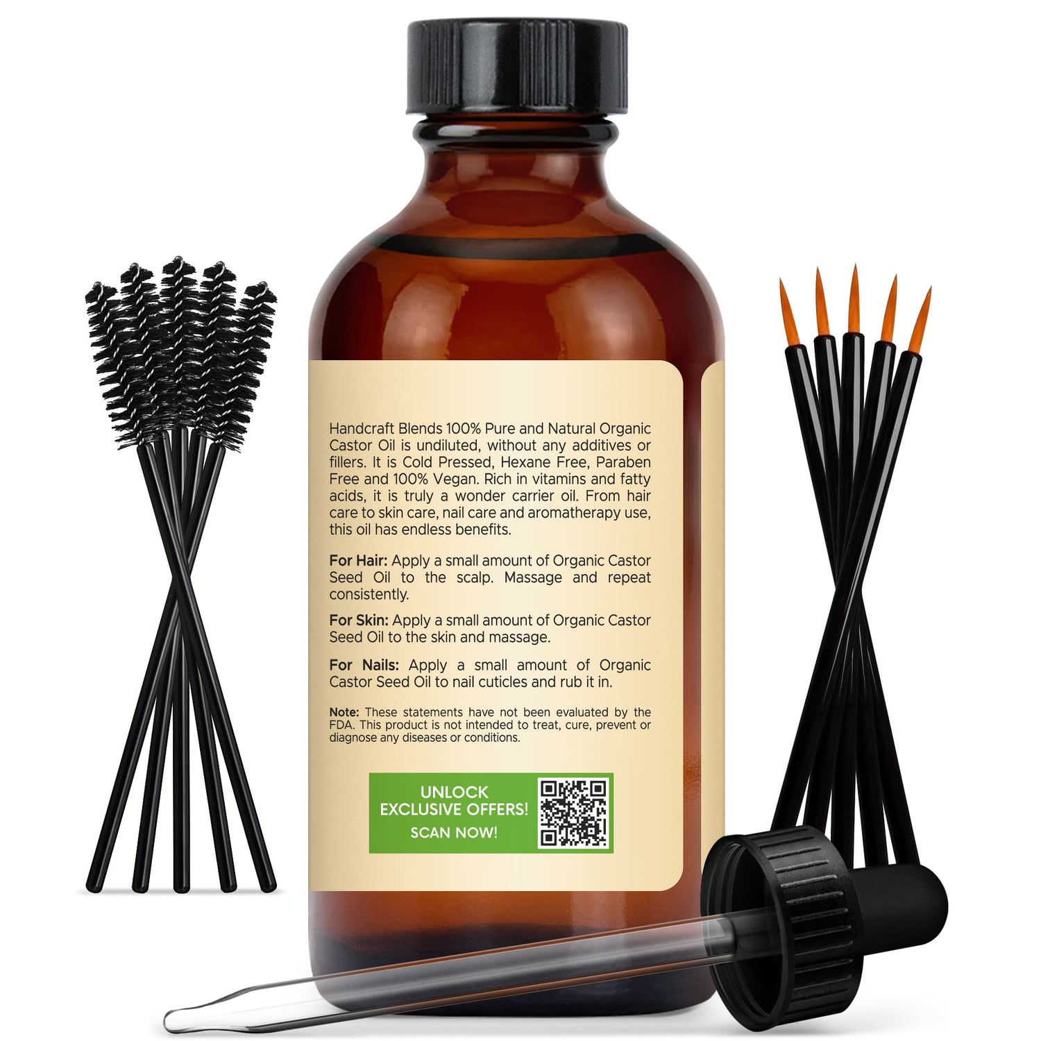 Organic Castor Carrier Oil in Glass Bottle with Lash Brushes