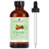 Cassia essential oil 4oz amber bottle with dropper, labeled 100% pure and natural, cinnamon illustration